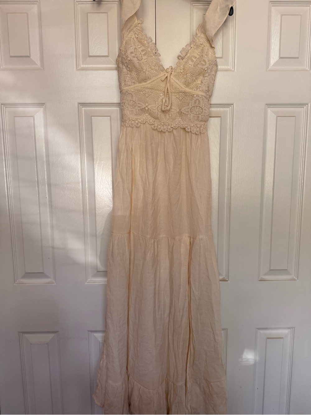 Sleeveless Cream Lace Maxi Dress with Tie Front